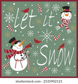 Christmas card design with snowman and let it snow