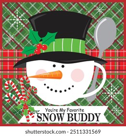 Christmas card design with snowman, mug and candy cane