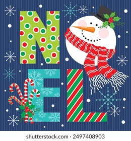 Christmas card design with snowman and noel