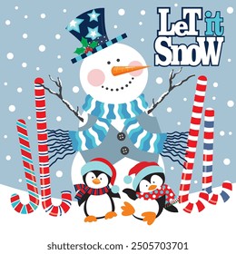 Christmas card design with snowman, penguin and candy cane