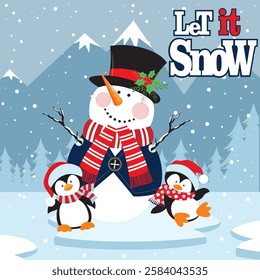 Christmas card design with snowman and penguin