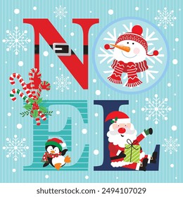 Christmas card design with snowman, Santa and noel text