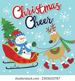 Christmas card design with snowman, sleigh and reindeer