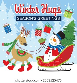 Christmas card design with snowman, sleigh and reindeer