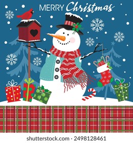 Christmas card design with snowman, stocking and birdhouse