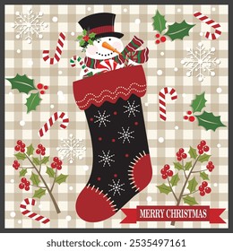 Christmas card design with snowman in stocking