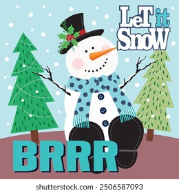Christmas card design with snowman and tree
