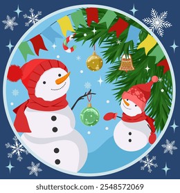 Christmas card design with snowmen, Christmas tree and Christmas decorations.