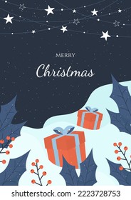 christmas card design with snowy landscape and gift boxes