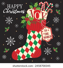 Christmas card design with christmas stocking, candy cane and wrreath