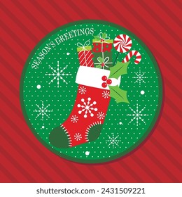 Christmas card design with christmas stocking, gifts and candy cane