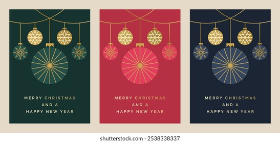 Christmas Card Design Template with Christmas Ball Decorations. Elegant Christmas Greeting Card Concept. Luxury Design Template for Christmas Cards.