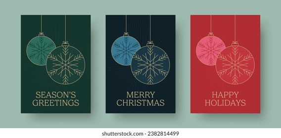 Christmas Card Design Template with Bauble Decoration Illustration. Set of Christmas Card Creative Concepts with Snowflake Bauble Design. Merry Christmas, Season's Greetings, Happy Holidays Text.