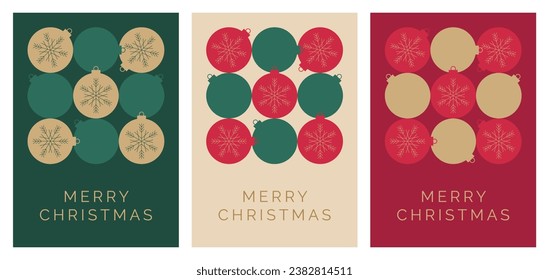 Christmas Card Design Template with Baubles Decoration Illustration. Set of Creative Christmas Cards with Modern Snowflake Bauble Pattern and 'Merry Christmas' Text. Vector Design Template