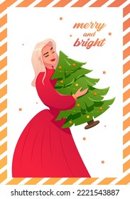 Christmas card design template with Beautiful Young Woman Holding a Christmas Tree. Winter and holidays. Vector Cartoon Illustration for Christmas Invitation, Sale, Flyer.