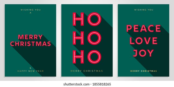 Plantilla de diseño de tarjetas de Navidad. Feliz juego de tarjetas de Navidad con tipografía de texto creativa en 3D. Feliz Navidad, HO HO HO, Paz Ama Alegría. Elegante Y Lujoso Estilo Minimal Moderno. Tarjetas navideñas vectoras EPS10