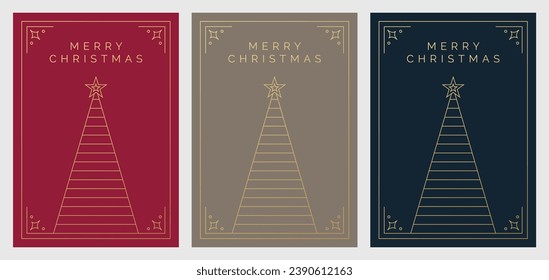 Plantilla de diseño de tarjetas de Navidad. Tarjeta de felicitación navideña o invitación festiva. Tarjeta de Navidad Corporativa con Ilustración Geométrica de Árbol de Navidad. Marco Ornato Elegante. Texto dorado. 