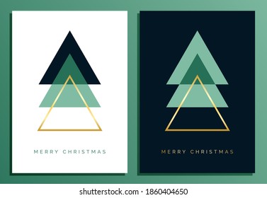 Christmas Card Design Template with Modern Geometric Christmas Tree Illustration. Elegant Luxury Christmas Cards with Merry Christmas Gold Text