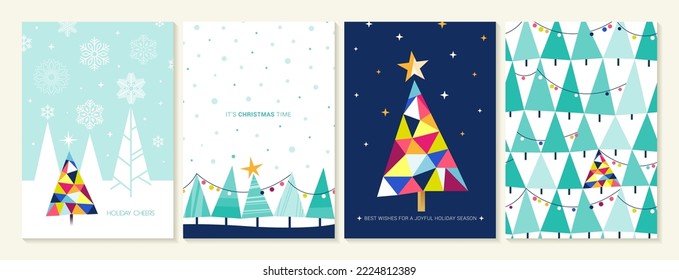 Christmas Card Design Template with Modern Geometric Christmas Tree Illustration