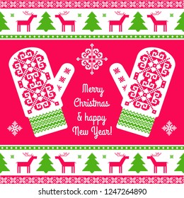 Christmas card design template. Red and green background with traditional patterned mitterns 