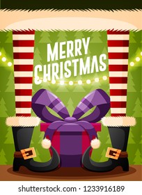 Christmas card design template with santa claus and gifts. Vector illustration