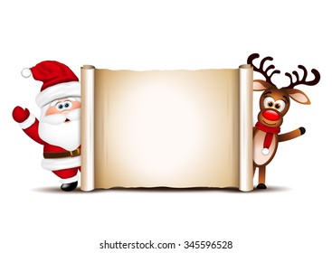 Christmas card design template. Santa Claus and his reindeer. 