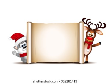 Christmas card design template. Santa cat and reindeer. 