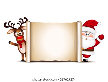 Christmas Card Design Template. Santa Claus And His Reindeer. 