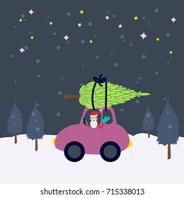 Christmas card design. Template with Santa Claus driving  the car and new year tree. Winter background. New year invitation card or postcard.