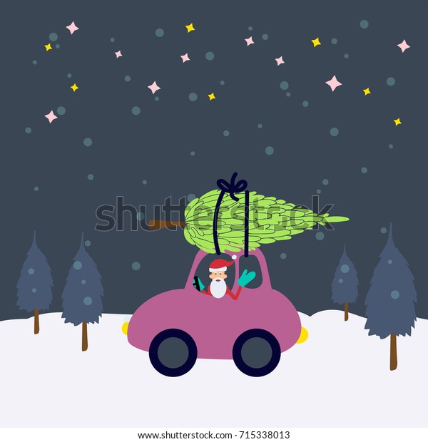 Christmas card design. Template with Santa\
Claus driving  the car and new year tree. Winter background. New\
year invitation card or\
postcard.