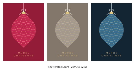 Christmas Card Design Template Set. Festive Christmas Greeting Cards with Bauble Decoration. Christmas Ball Ornament Hanging. Vector Illustration for Christmas Card, Party Invite, Postcard etc. 