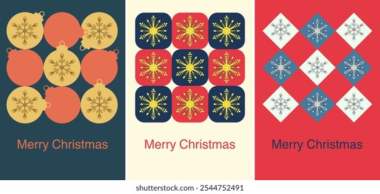 Christmas Card Design Template set with geometric Decoration Illustration. Set of Creative Christmas Cards with Modern Snowflake in geometric Pattern and 'Merry Christmas' Text. Vector Design Template