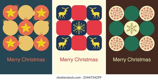 Conjunto de Plantilla de diseño de tarjeta de Navidad. Conjunto de tarjetas de Navidad creativas con copo de nieve moderno, ciervos y estrellas en patrón geométrico y texto de 'Feliz Navidades'. Plantilla de Diseño de Vector
