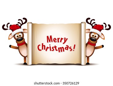 Christmas card design template. Two deer on Christmas greeting card.