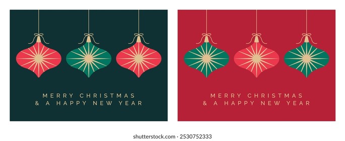 Christmas Card Design Template Vector. Christmas Greeting Card with Decorations and Gold Text. Merry Christmas Card with Hanging Christmas Balls