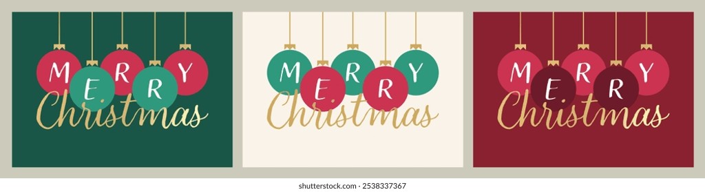 Christmas Card Design Template Vector. Merry Christmas Greeting Card. Hanging Christmas Ball Decorations. Merry Christmas Handwritten Style Lettering Text. Creative Xmas Design for Greeting Card