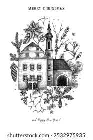 Christmas card design template. Winter background. Architecture sketch. Old castle vector drawing. Hand-drawn botanical illustration. NOT AI generated