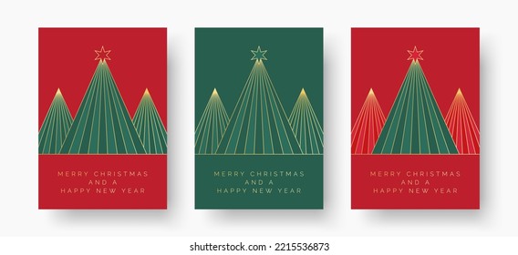 Christmas Card Design Templates. Set of Elegant Christmas Greeting Card Designs with Geometric Christmas Tree Scene Illustration. Luxury Style Vector Template for Festive Cards, Postcard, Invitation