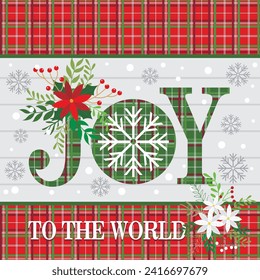 Christmas card design with text of joy, wreath and snowflakes