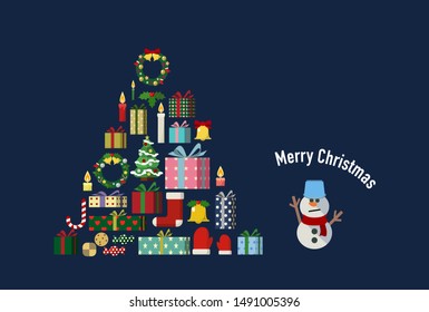 Christmas card design that composes the shape of a tree with Christmas items