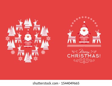 CHRISTMAS CARD DESIGN WITH TITLE MERRY CHRISTMAS AND STYLIZED DECORATIVE ELEMENTS: SANTA, DEERS, TREES, SNOW ON RED BACKGROUND