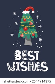 Christmas card design with Christmas tree. Christmas tree is decorated with red ornaments, golden garlands, Santa hat. Bold white text "BEST WISHES" in playful, hand-drawn style. Vector illustration.