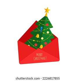 Christmas card design with Christmas tree in envelope. Flat style vector illustration.