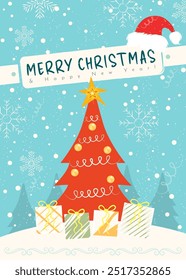 Christmas card design with Christmas tree and Santa hat. All in separate layers. Vector.