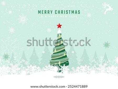 Christmas card design with Christmas tree design and snowflakes silhouette. All in group and separate layers. Vector.