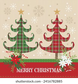 Christmas card design with christmas tree and tartan background