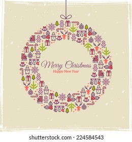 Christmas card design. Vector illustration. New year greetings. Icons and symbols formed hanging bauble. Vintage style.
