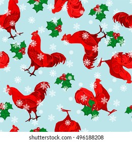 Christmas card design, vector illustration Christmas theme, Rooster symbol of the new year 2017, seamless Rooster, Design Christmas wrapping paper