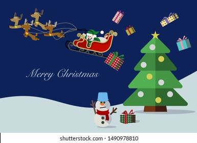 Christmas card design where Santa and reindeer are flying in the night sky