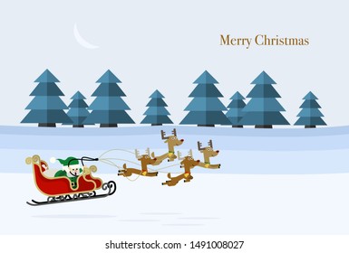 Christmas card design where Santa and reindeer fly low in the snowfield